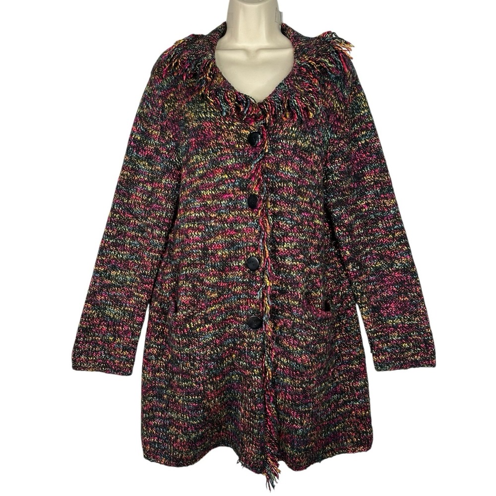 Chico's Fringe Long Knit Cardigan Sweater Coat Button Front Boho Sz 2‎ (L/12)